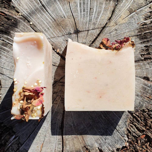 Essentail oils Natural hand made Pink Palmarosa Medley Soap top and side Thriving People